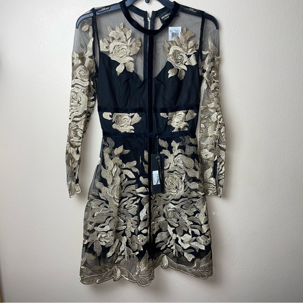 Bronx and Banco Sheer Black and Gold Floral Mini Dress